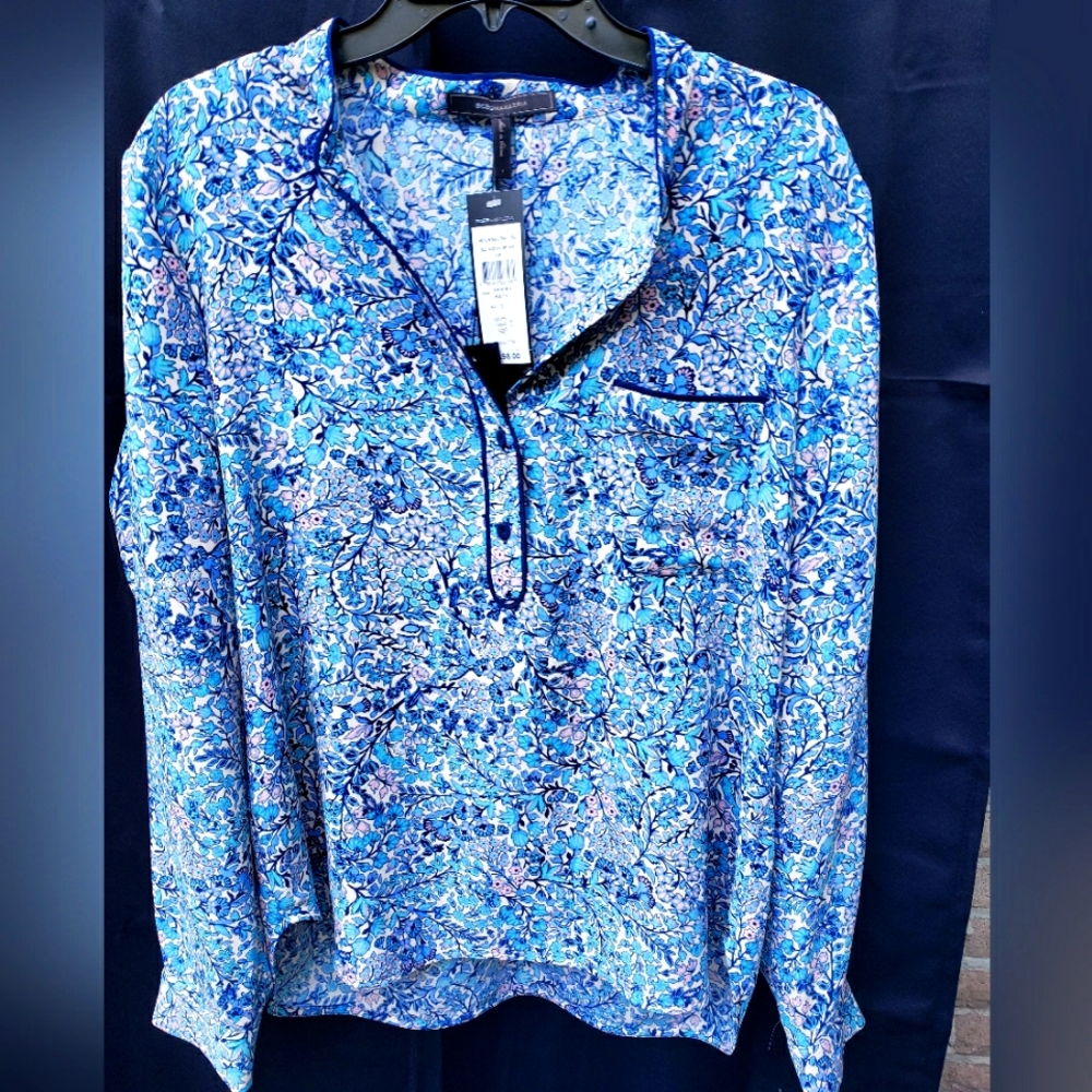 $198 BCBG Max Azria Shadow Blue Multicolor Blouse L